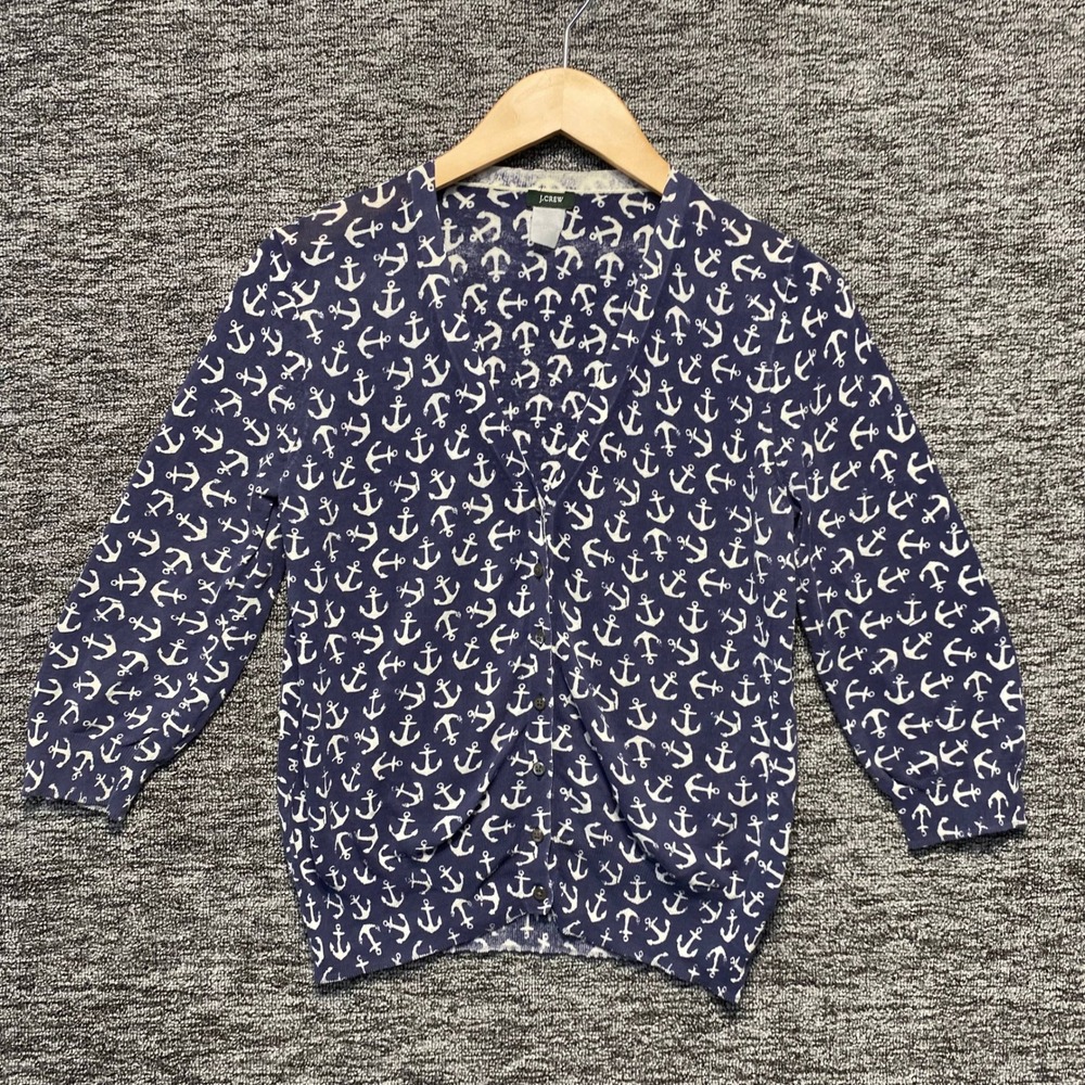 J Crew Anchor Cardigan Womens Medium Navy Blue Nautical Button Up Knit Sweater